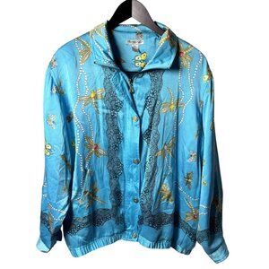 Vintage Blue 100% Silk Butterfly & Dragonfly Print Jacket Full Zip